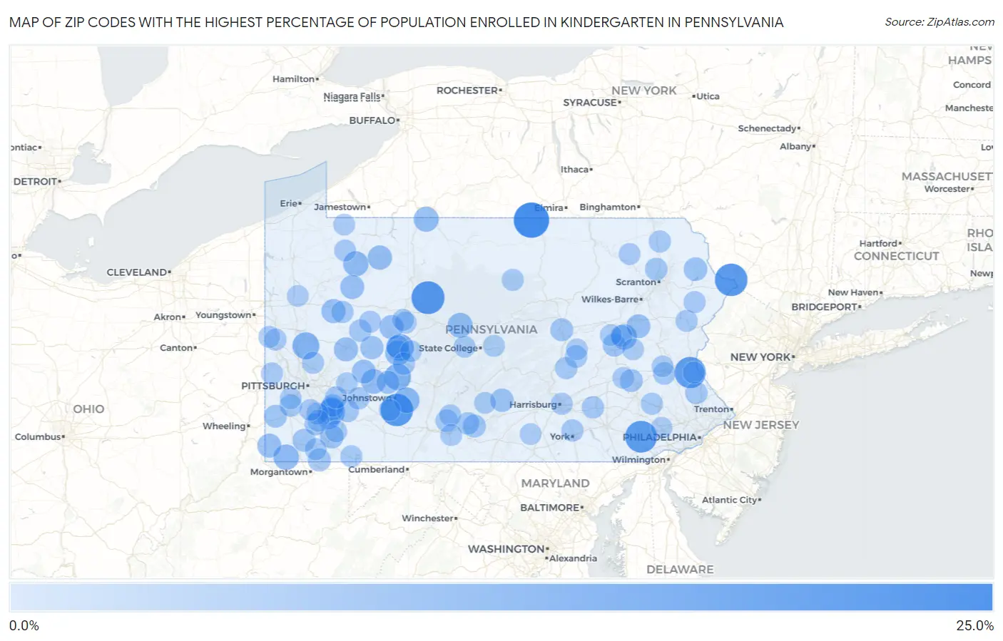 Zip Codes with the Highest Percentage of Population Enrolled in Kindergarten in Pennsylvania Map