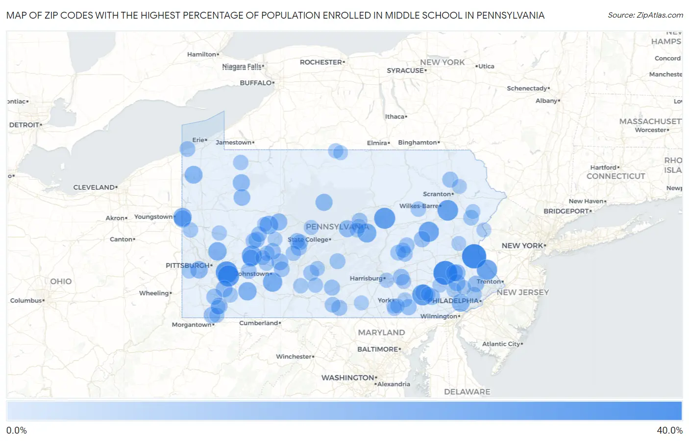 Zip Codes with the Highest Percentage of Population Enrolled in Middle School in Pennsylvania Map