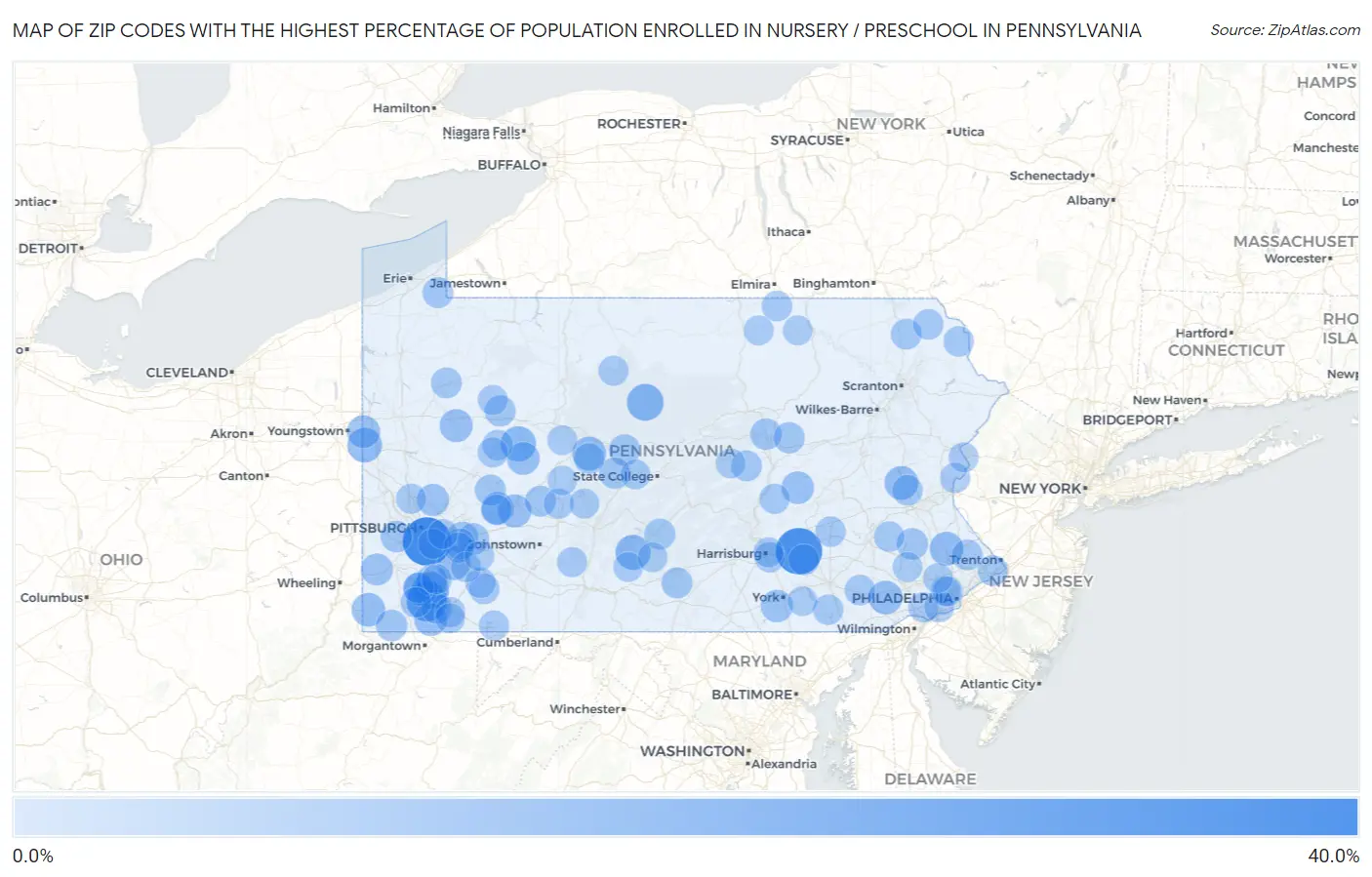 Zip Codes with the Highest Percentage of Population Enrolled in Nursery / Preschool in Pennsylvania Map