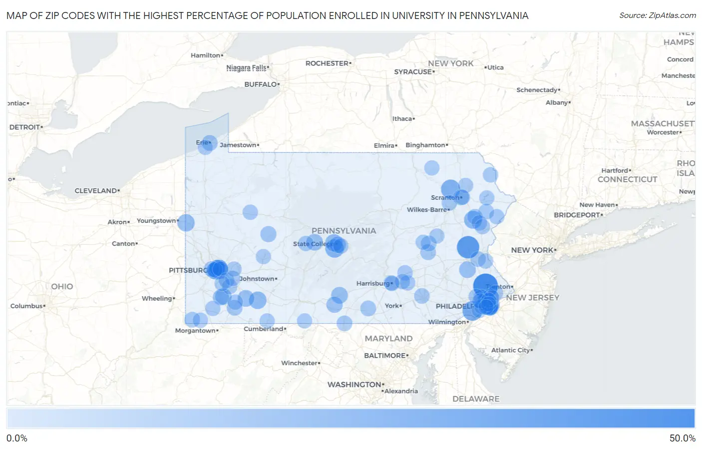 Zip Codes with the Highest Percentage of Population Enrolled in University in Pennsylvania Map