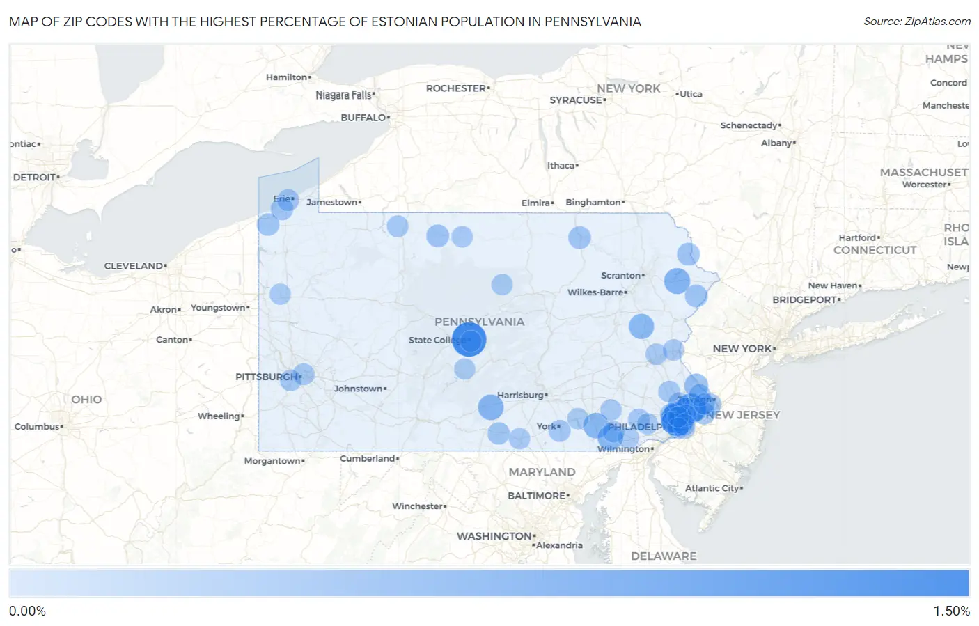 Zip Codes with the Highest Percentage of Estonian Population in Pennsylvania Map