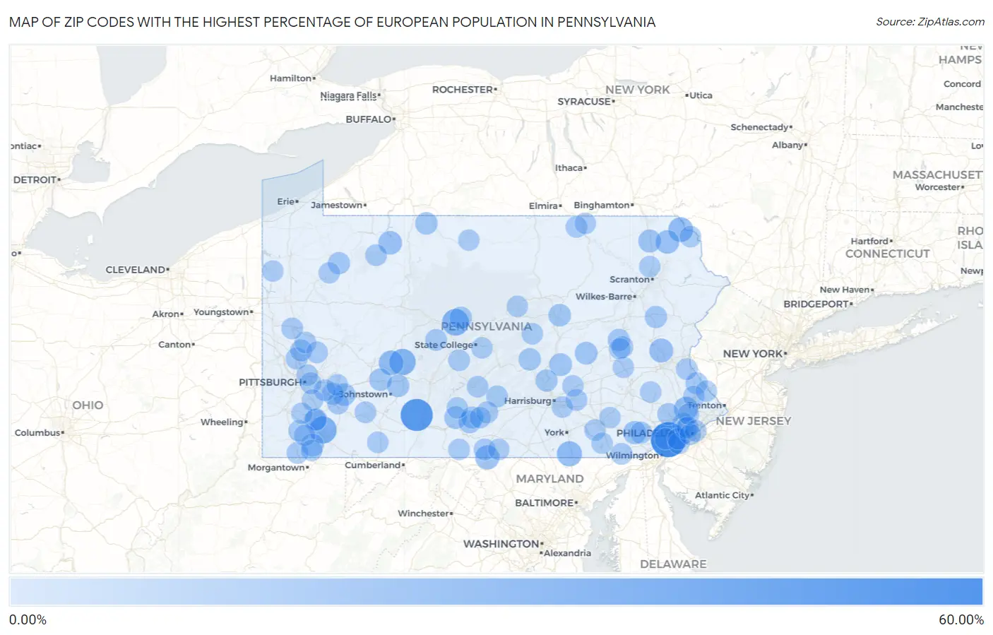 Zip Codes with the Highest Percentage of European Population in Pennsylvania Map