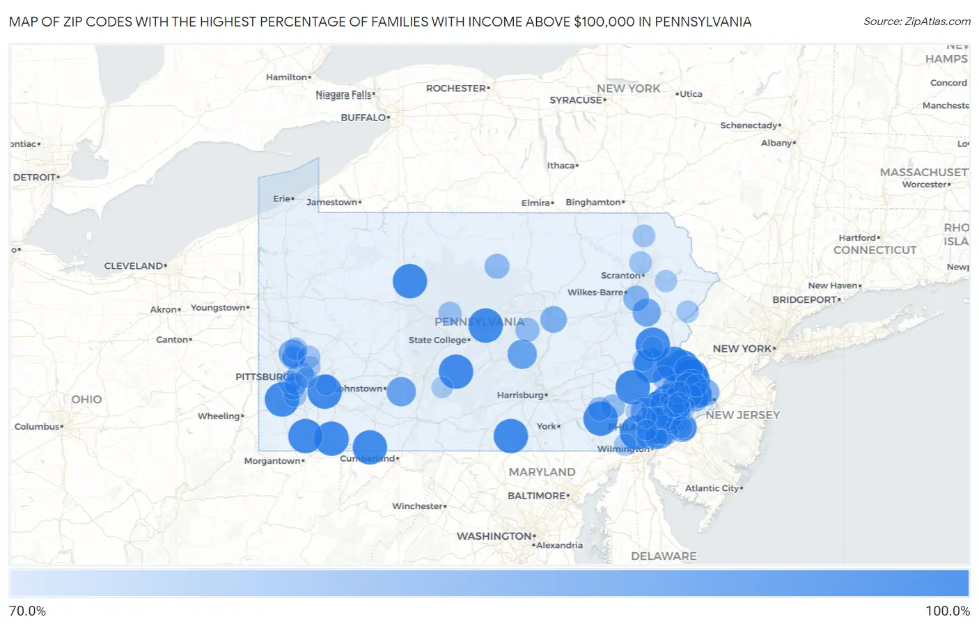 Zip Codes with the Highest Percentage of Families with Income Above $100,000 in Pennsylvania Map