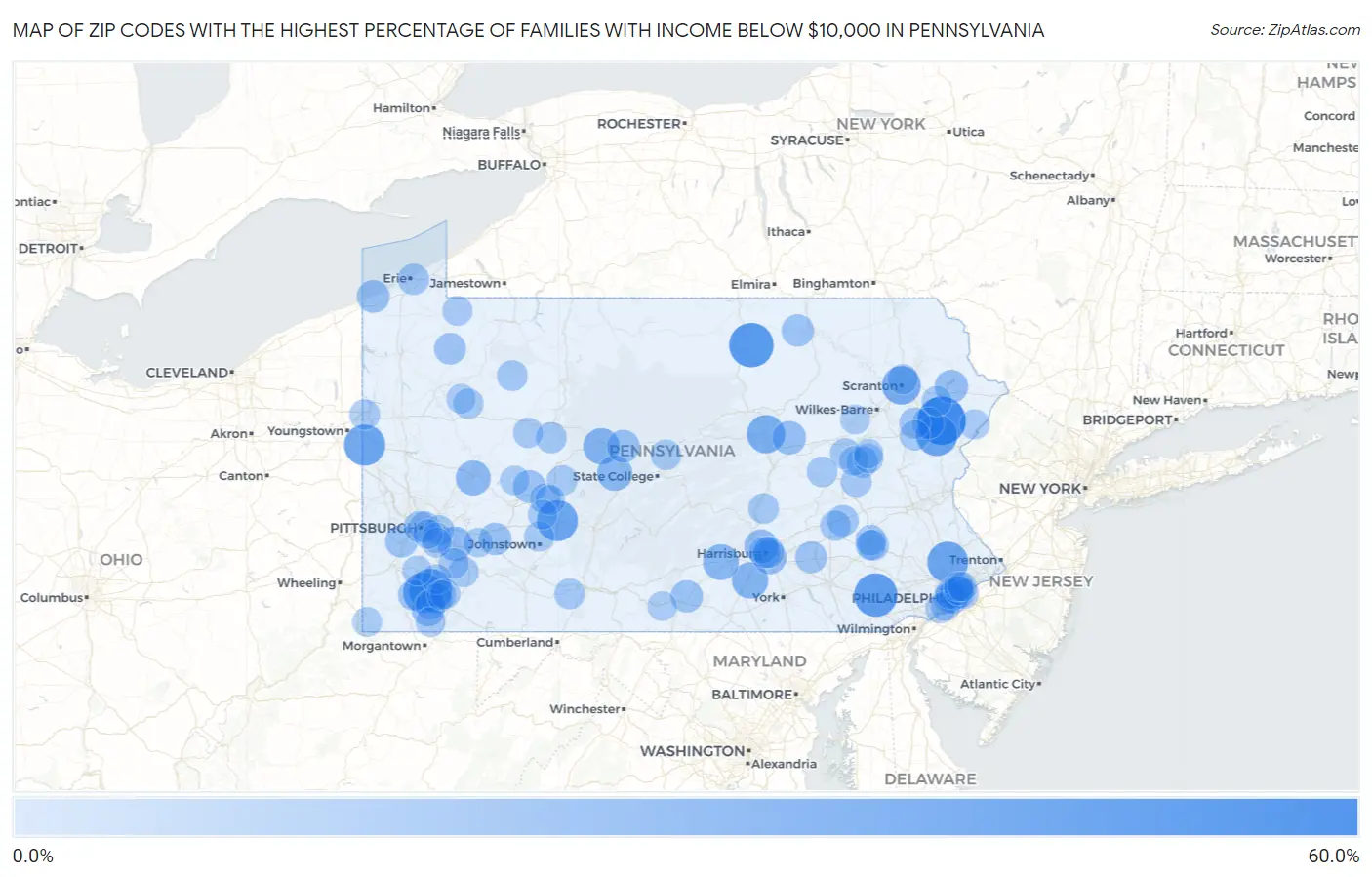 Zip Codes with the Highest Percentage of Families with Income Below $10,000 in Pennsylvania Map