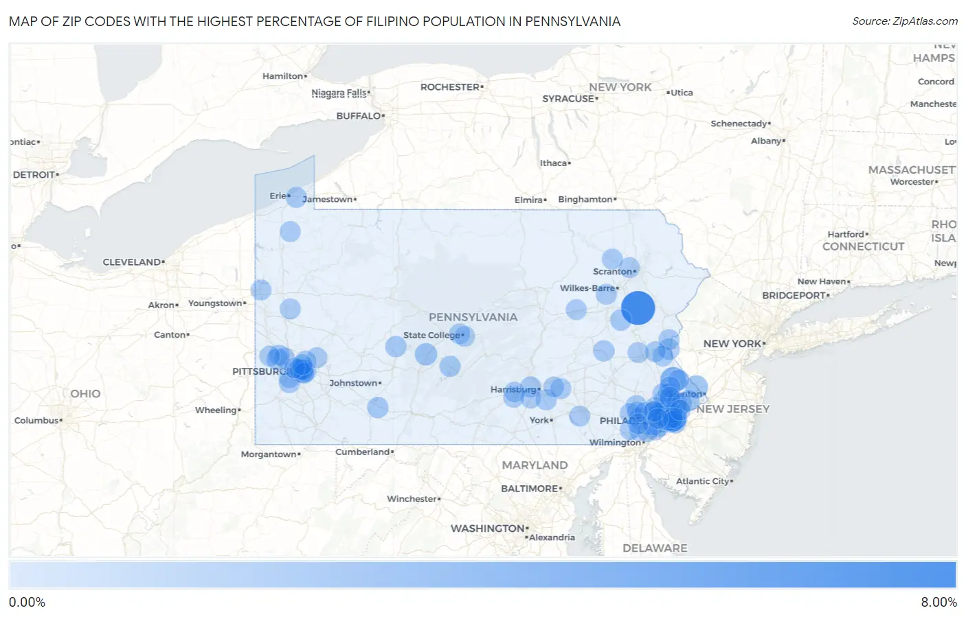Zip Codes with the Highest Percentage of Filipino Population in Pennsylvania Map