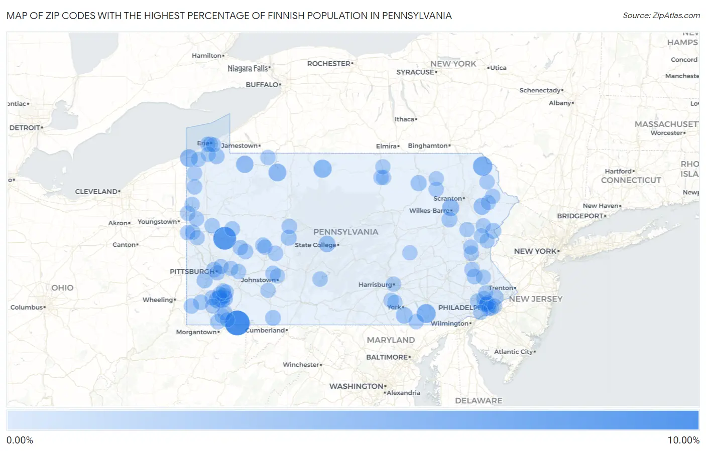 Zip Codes with the Highest Percentage of Finnish Population in Pennsylvania Map