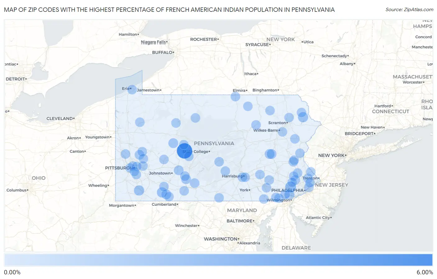 Zip Codes with the Highest Percentage of French American Indian Population in Pennsylvania Map
