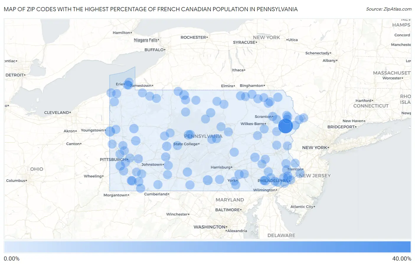 Zip Codes with the Highest Percentage of French Canadian Population in Pennsylvania Map