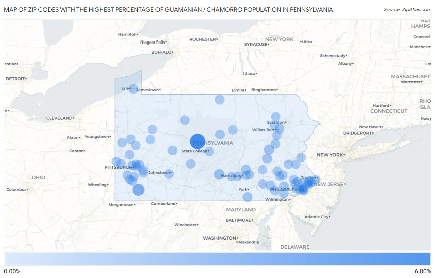 Zip Codes with the Highest Percentage of Guamanian / Chamorro Population in Pennsylvania Map