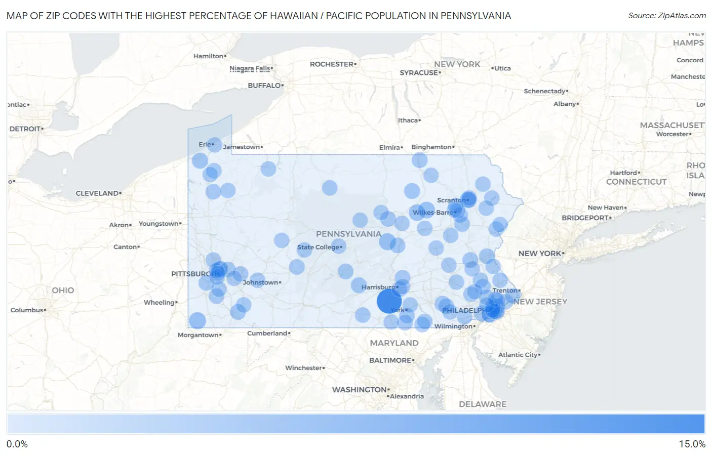 Zip Codes with the Highest Percentage of Hawaiian / Pacific Population in Pennsylvania Map