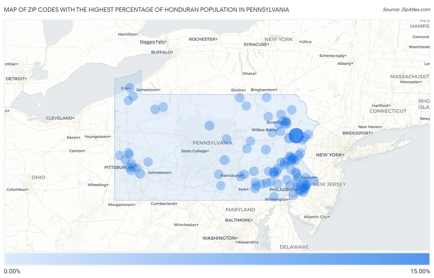 Zip Codes with the Highest Percentage of Honduran Population in Pennsylvania Map