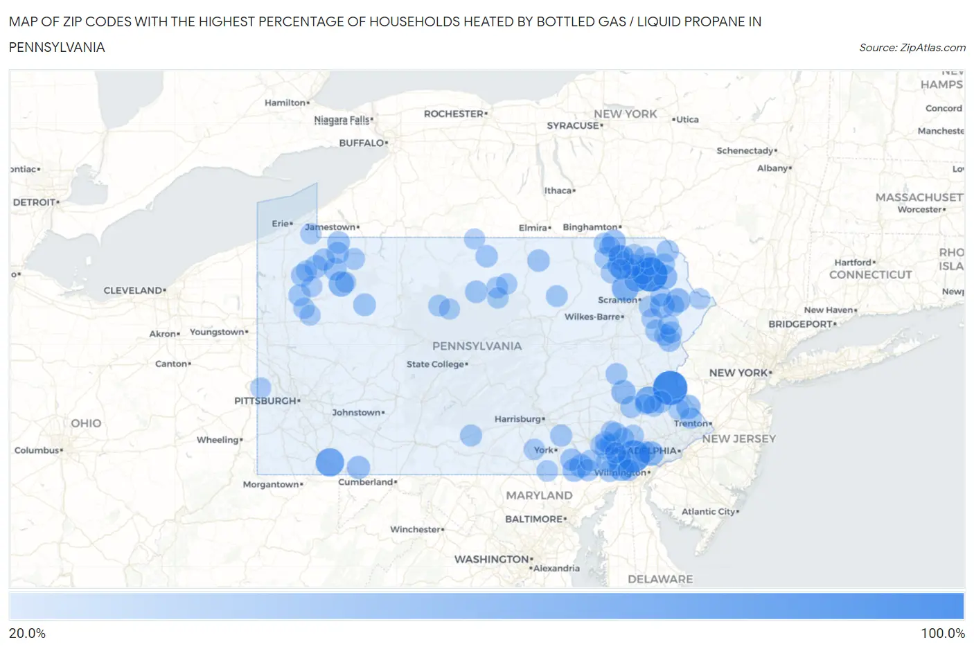 Zip Codes with the Highest Percentage of Households Heated by Bottled Gas / Liquid Propane in Pennsylvania Map