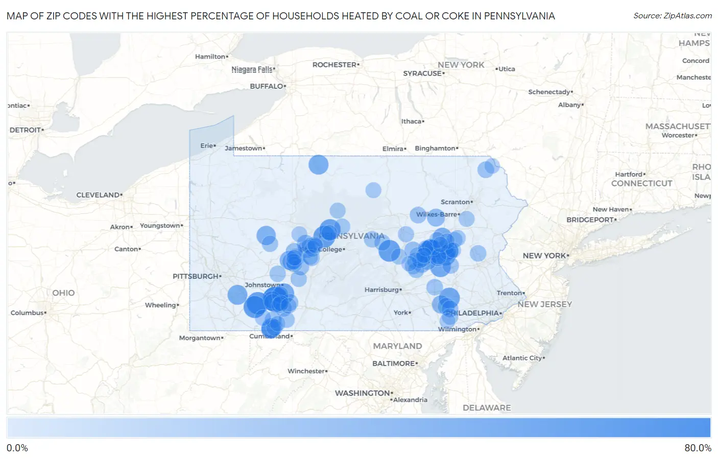 Zip Codes with the Highest Percentage of Households Heated by Coal or Coke in Pennsylvania Map