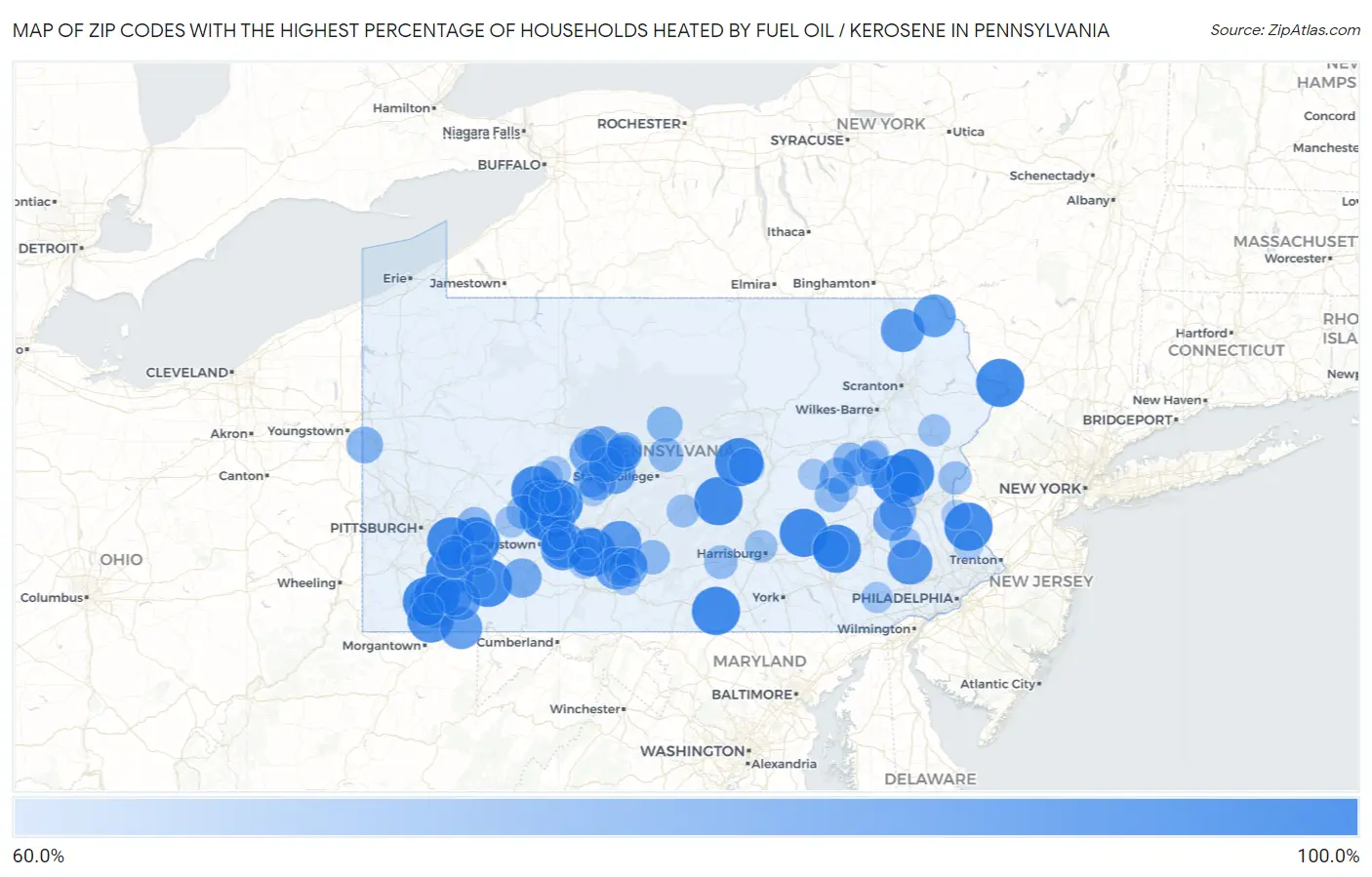 Zip Codes with the Highest Percentage of Households Heated by Fuel Oil / Kerosene in Pennsylvania Map