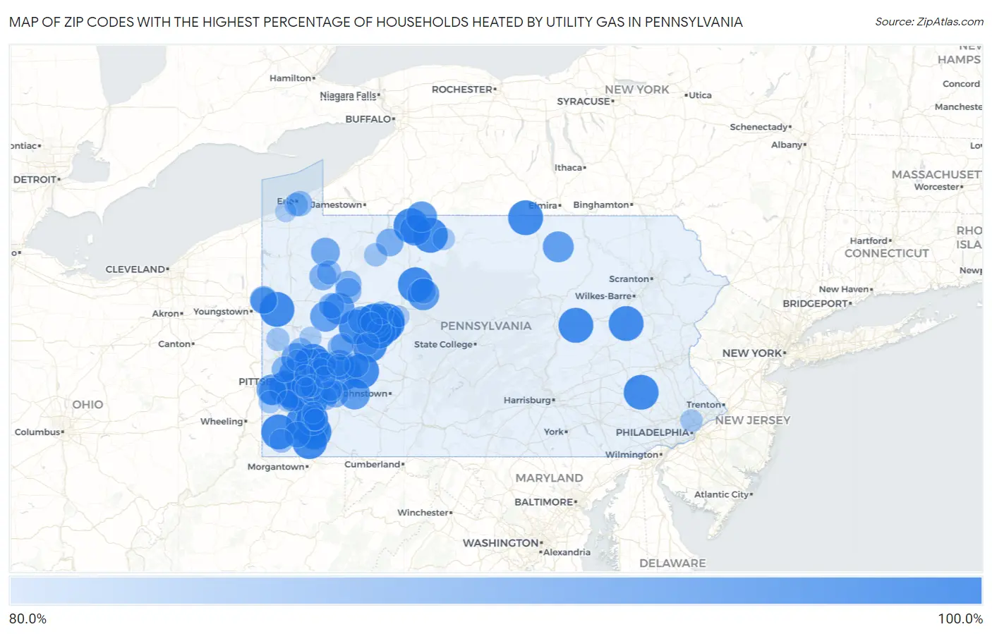 Zip Codes with the Highest Percentage of Households Heated by Utility Gas in Pennsylvania Map