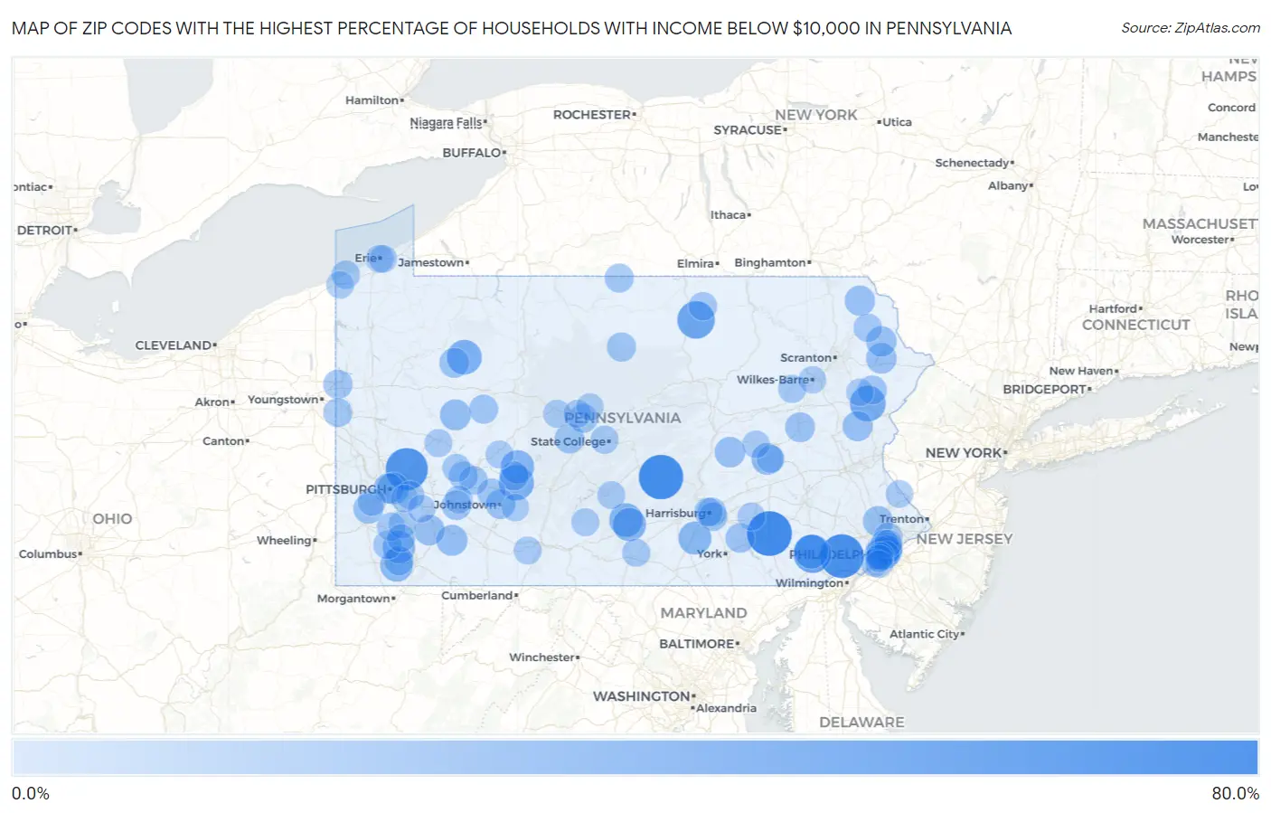 Zip Codes with the Highest Percentage of Households with Income Below $10,000 in Pennsylvania Map