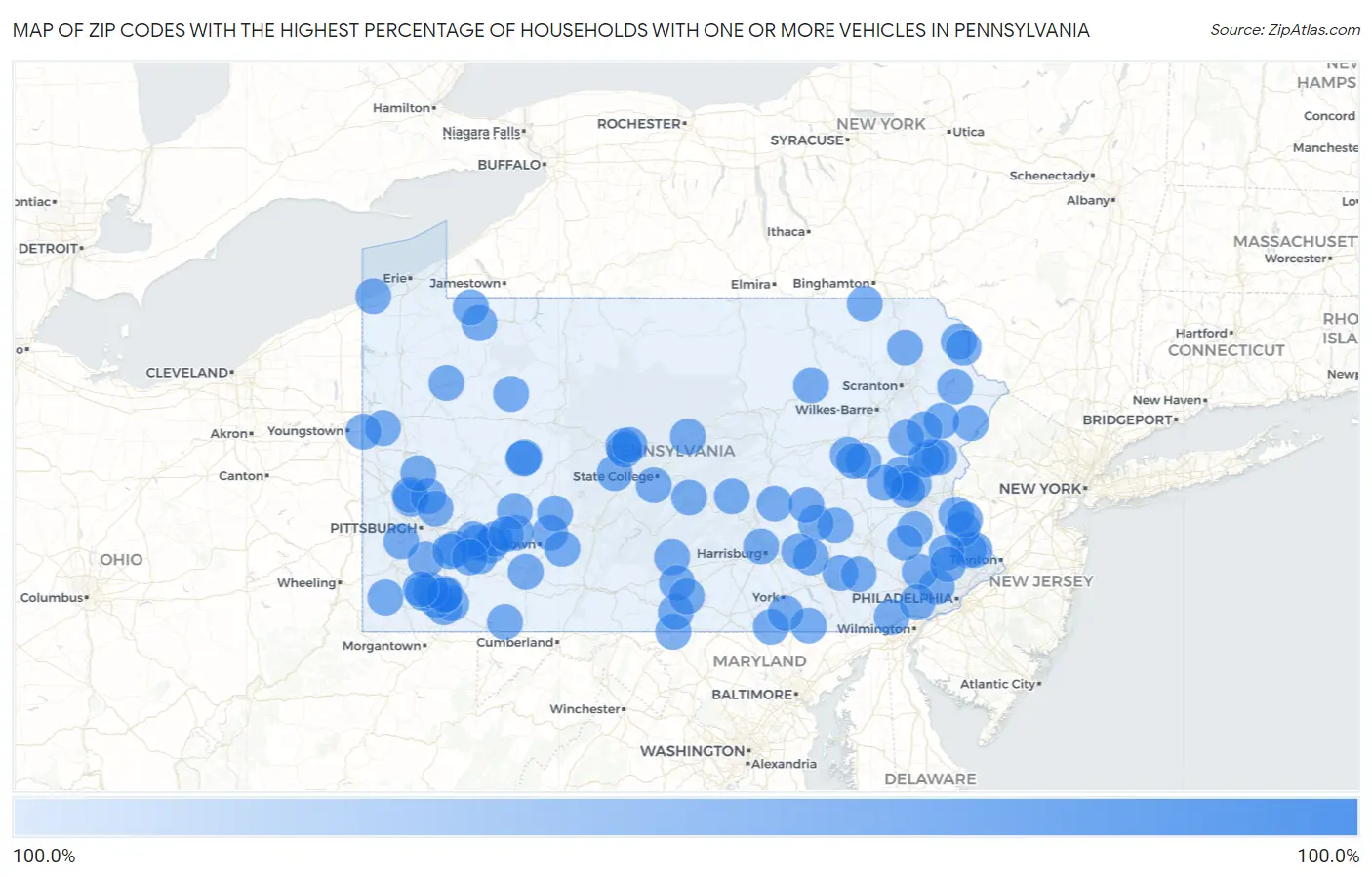 Zip Codes with the Highest Percentage of Households With One or more Vehicles in Pennsylvania Map