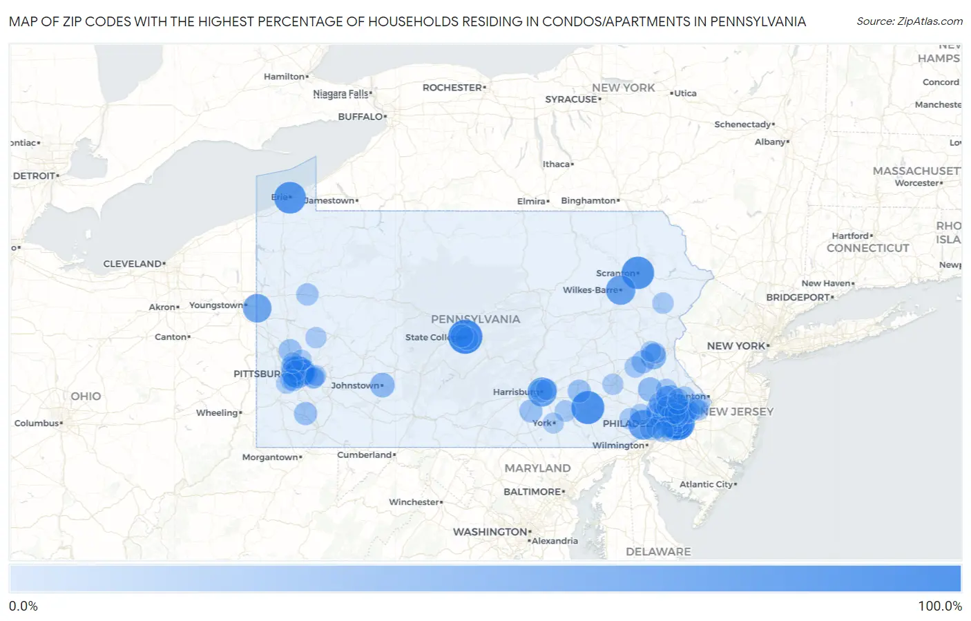 Zip Codes with the Highest Percentage of Households Residing in Condos/Apartments in Pennsylvania Map