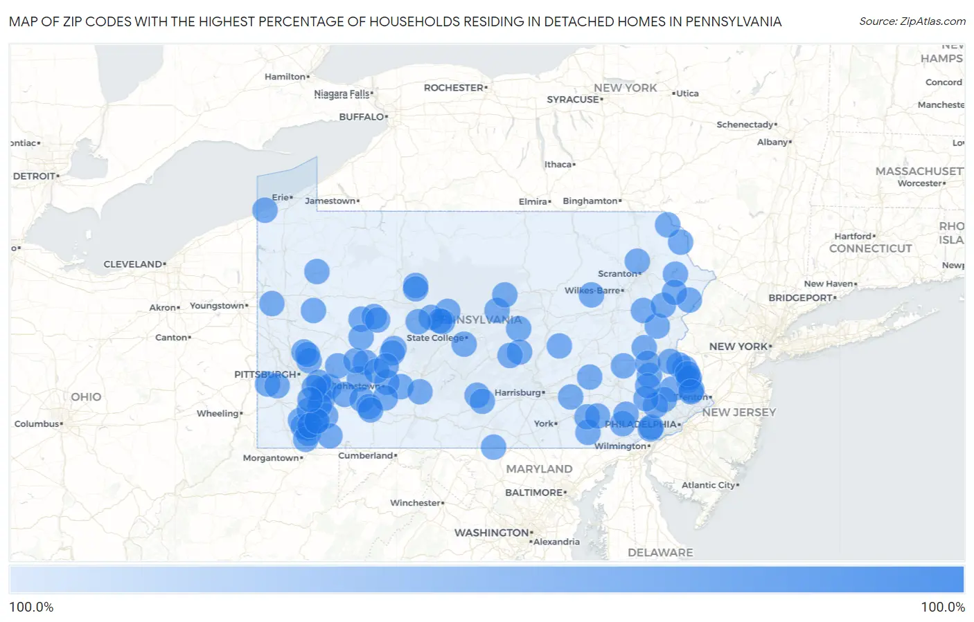 Zip Codes with the Highest Percentage of Households Residing in Detached Homes in Pennsylvania Map