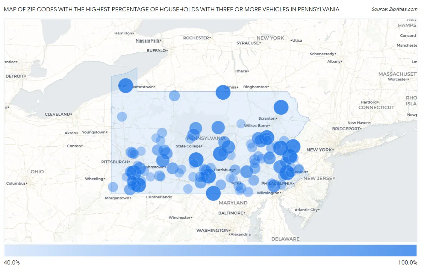 Zip Codes with the Highest Percentage of Households With Three or more Vehicles in Pennsylvania Map