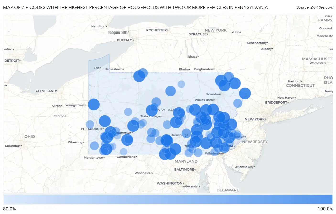 Zip Codes with the Highest Percentage of Households With Two or more Vehicles in Pennsylvania Map