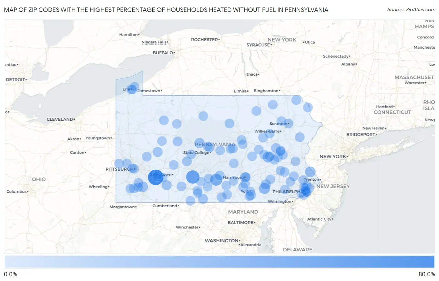 Zip Codes with the Highest Percentage of Households Heated without Fuel in Pennsylvania Map
