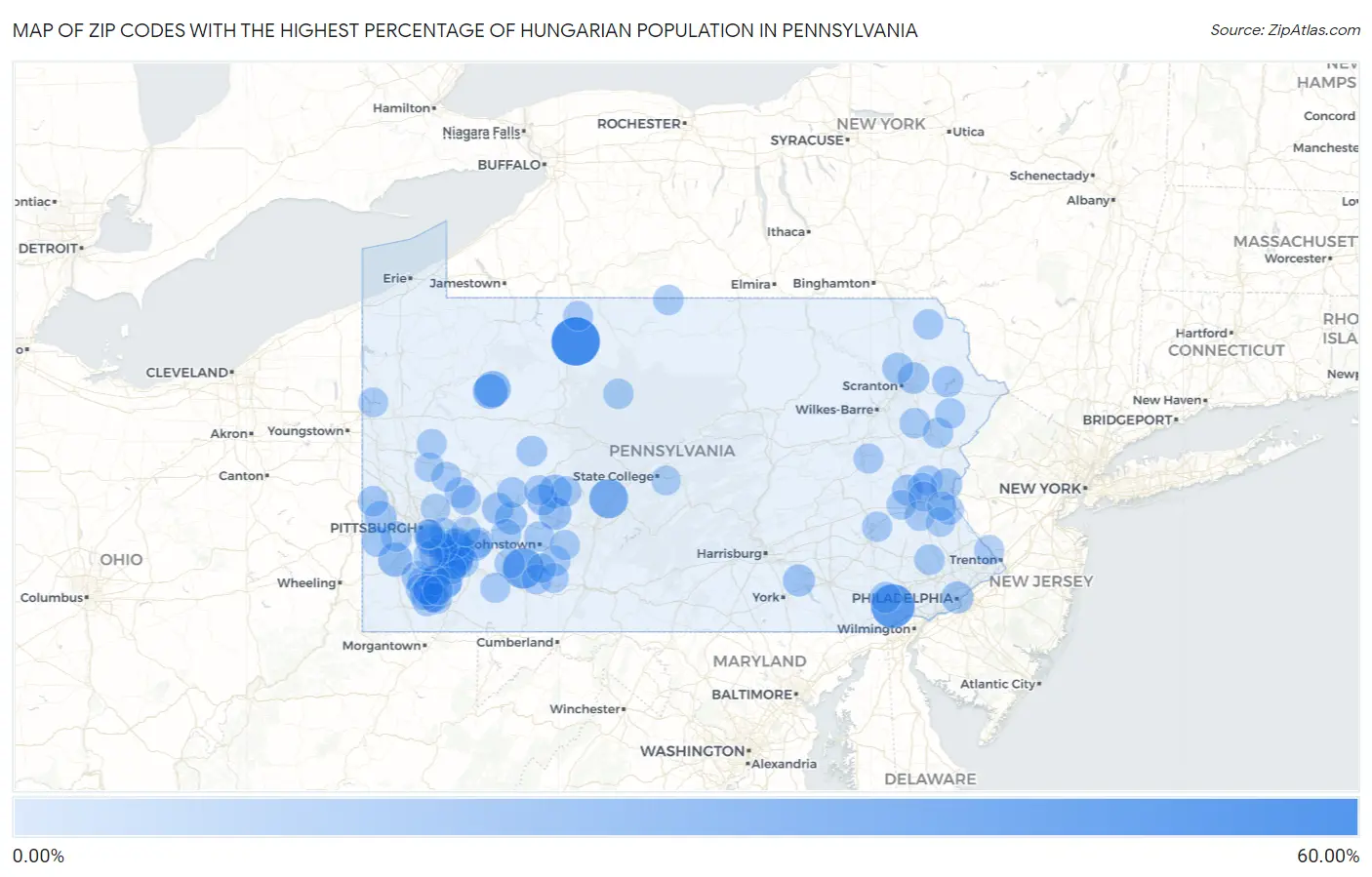 Zip Codes with the Highest Percentage of Hungarian Population in Pennsylvania Map