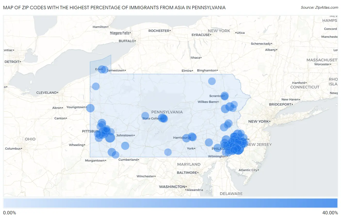 Zip Codes with the Highest Percentage of Immigrants from Asia in Pennsylvania Map