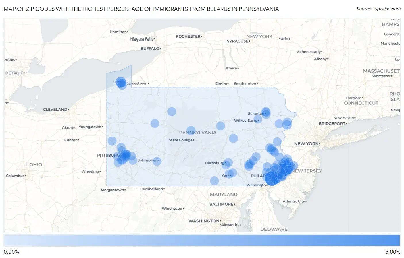 Zip Codes with the Highest Percentage of Immigrants from Belarus in Pennsylvania Map