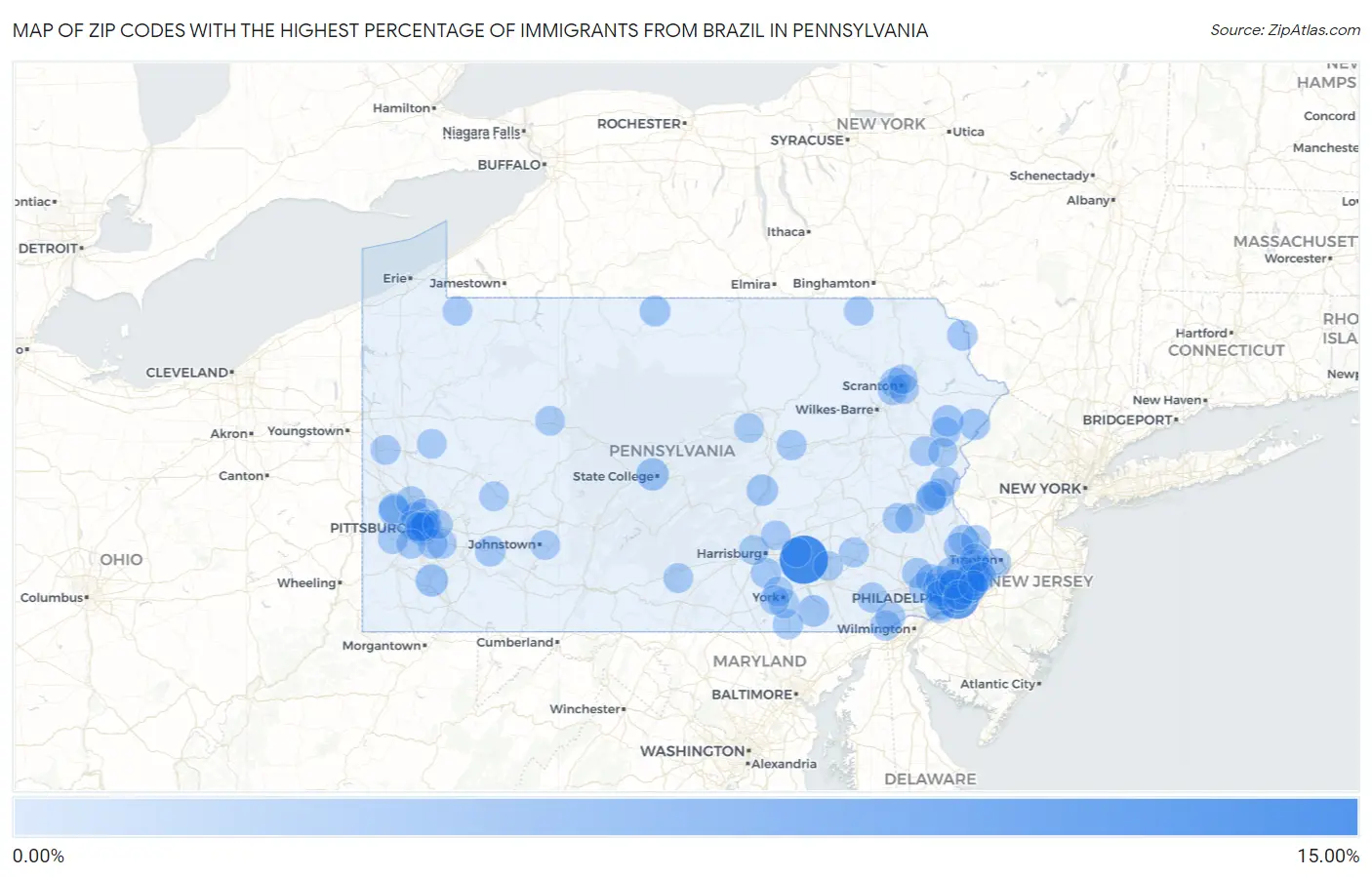 Zip Codes with the Highest Percentage of Immigrants from Brazil in Pennsylvania Map