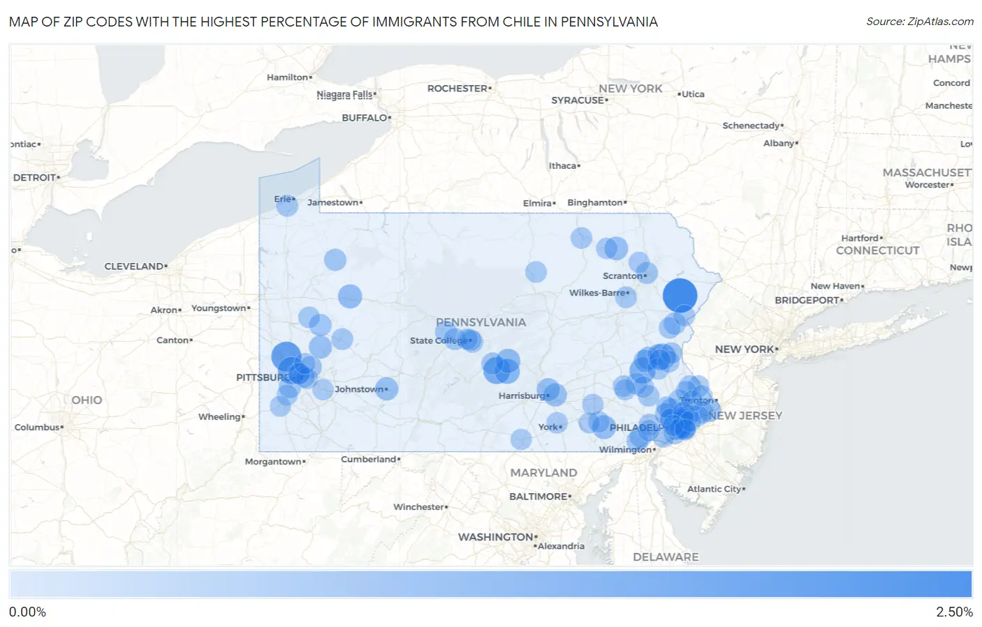 Zip Codes with the Highest Percentage of Immigrants from Chile in Pennsylvania Map