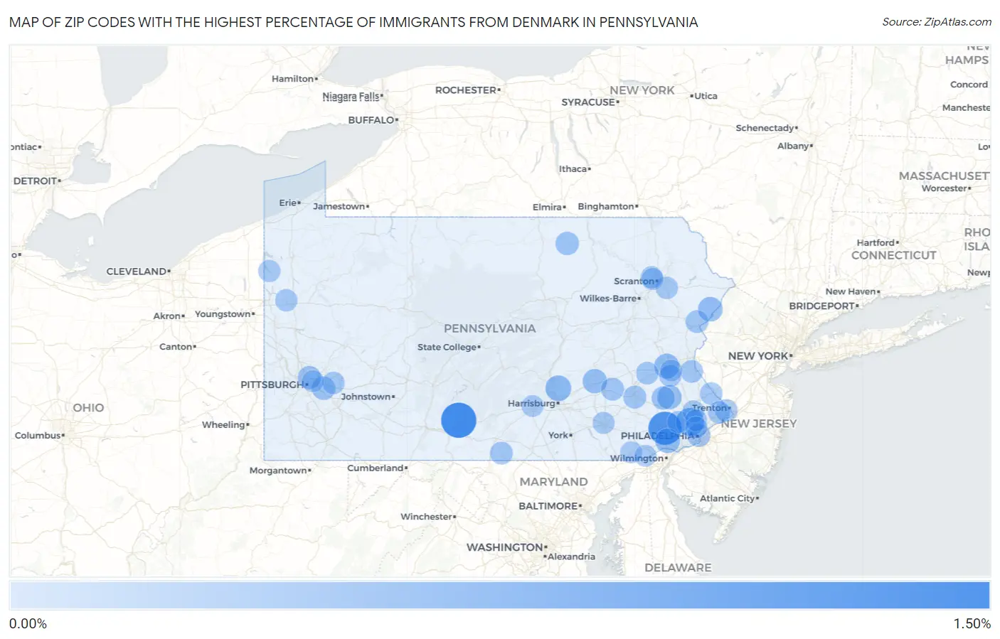 Zip Codes with the Highest Percentage of Immigrants from Denmark in Pennsylvania Map