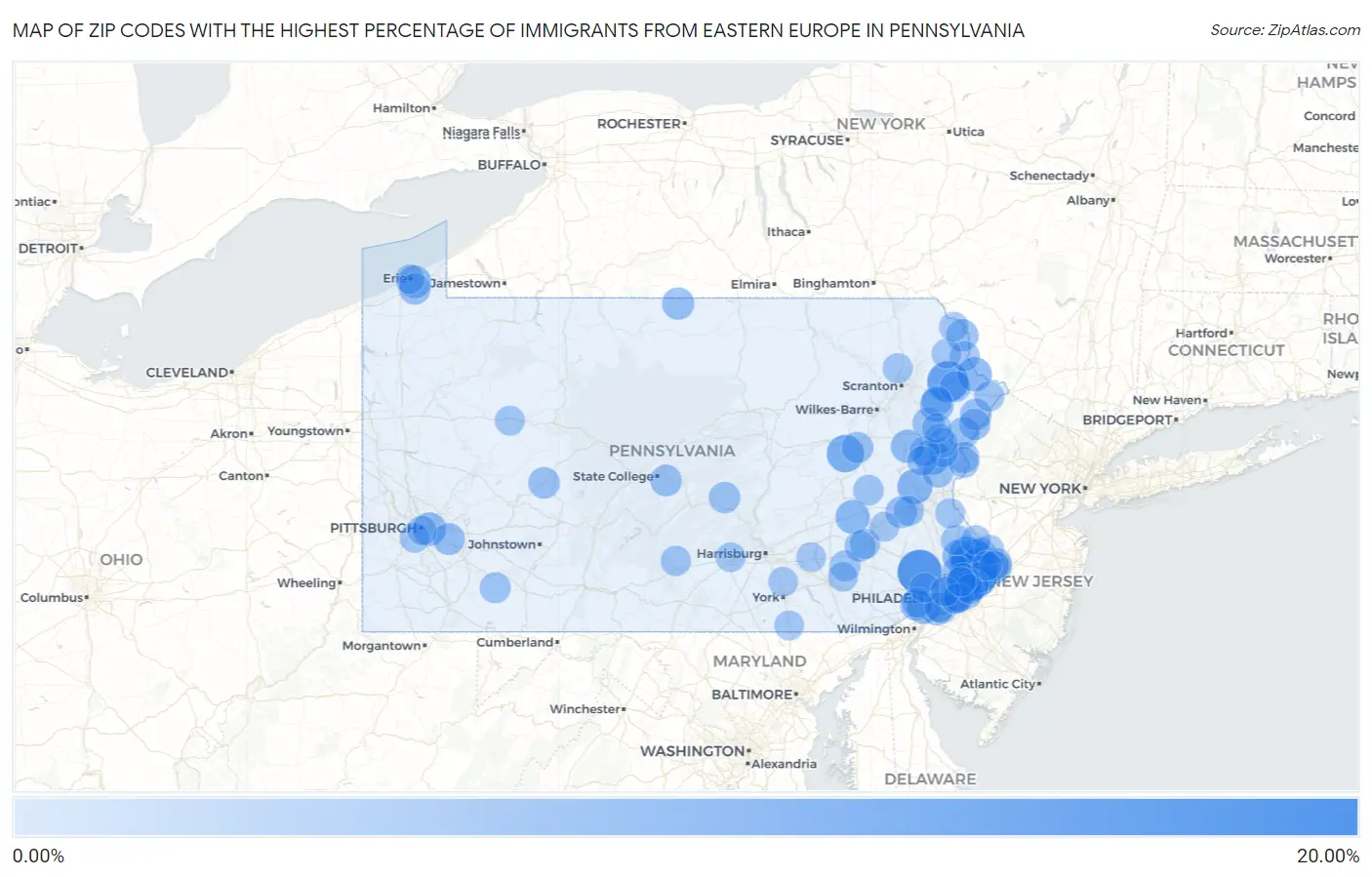 Zip Codes with the Highest Percentage of Immigrants from Eastern Europe in Pennsylvania Map