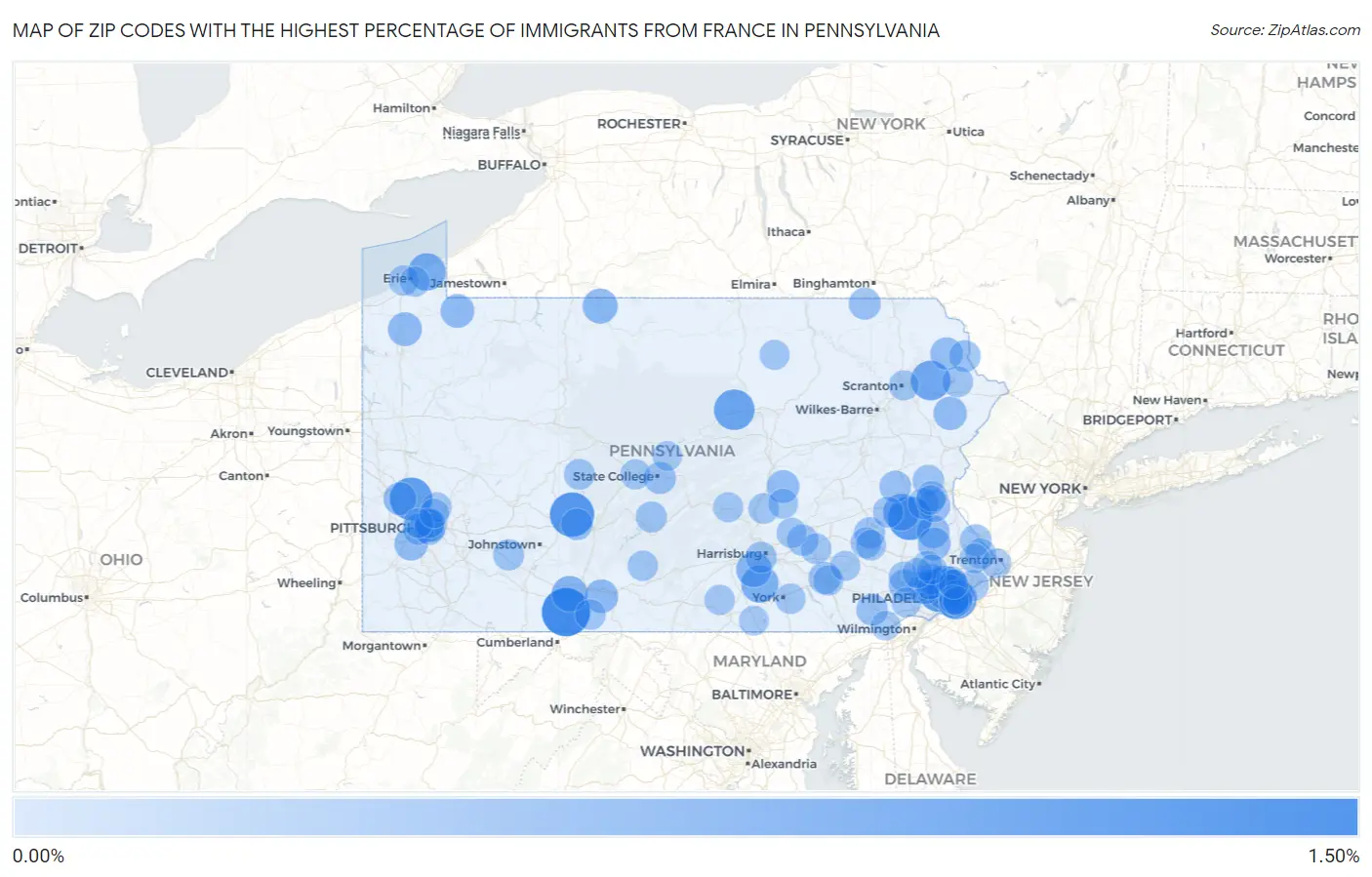 Zip Codes with the Highest Percentage of Immigrants from France in Pennsylvania Map