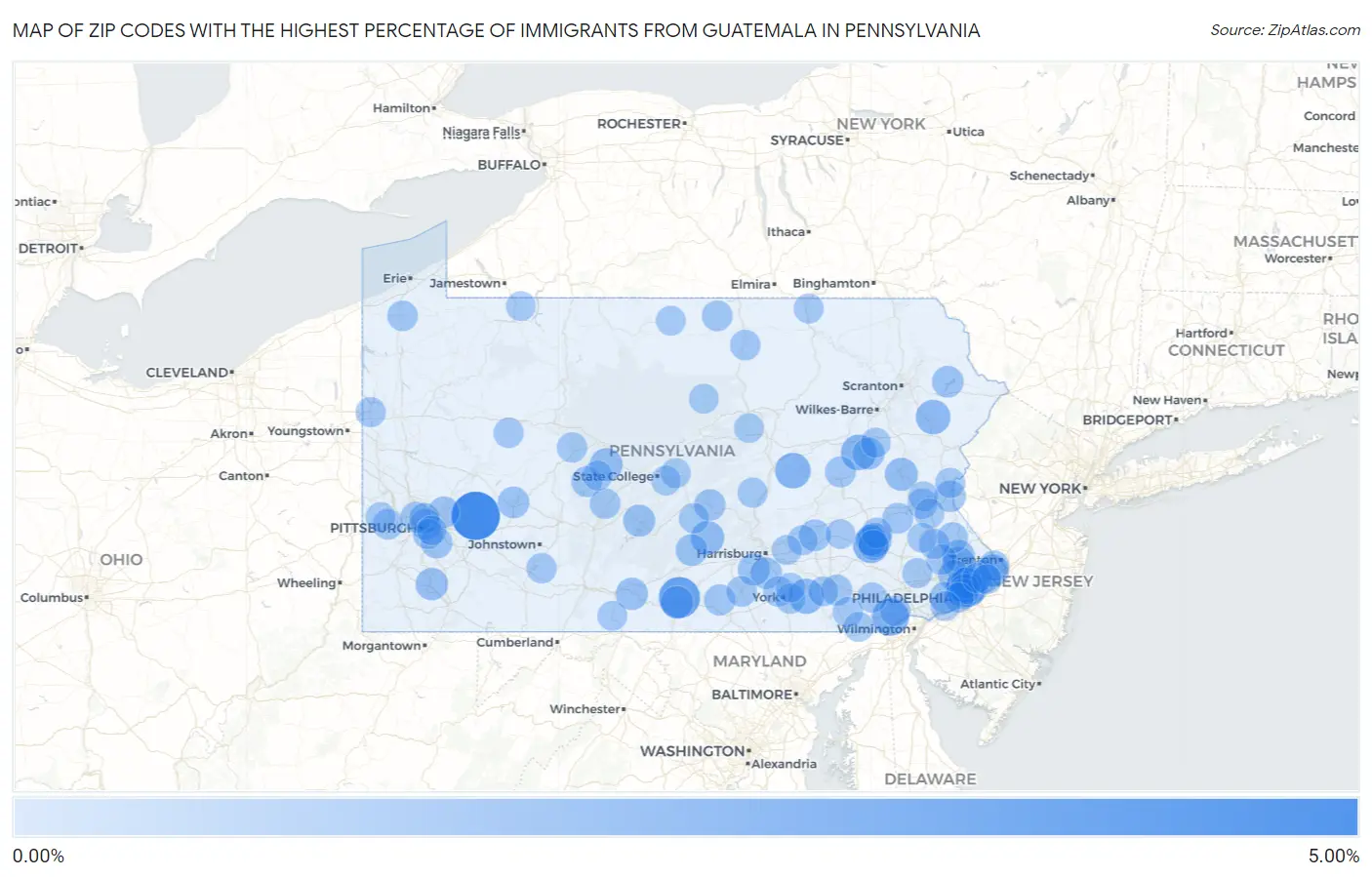 Zip Codes with the Highest Percentage of Immigrants from Guatemala in Pennsylvania Map