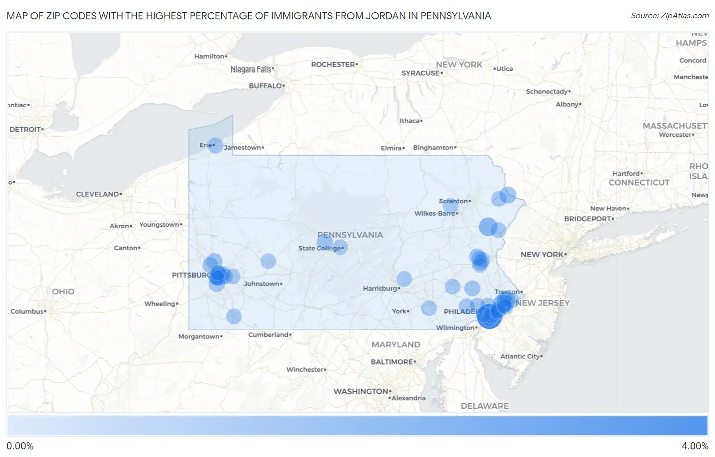 Zip Codes with the Highest Percentage of Immigrants from Jordan in Pennsylvania Map