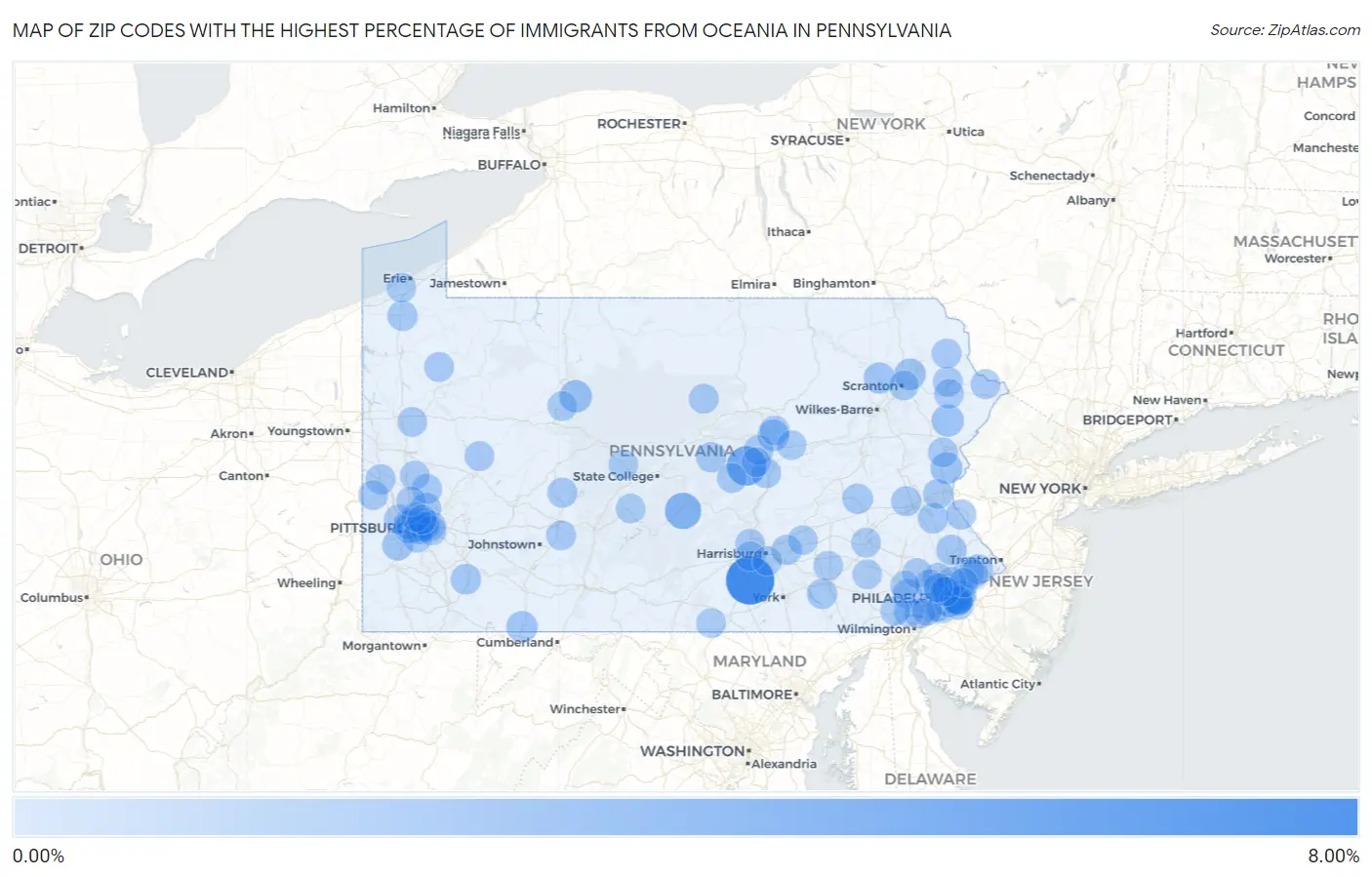 Zip Codes with the Highest Percentage of Immigrants from Oceania in Pennsylvania Map