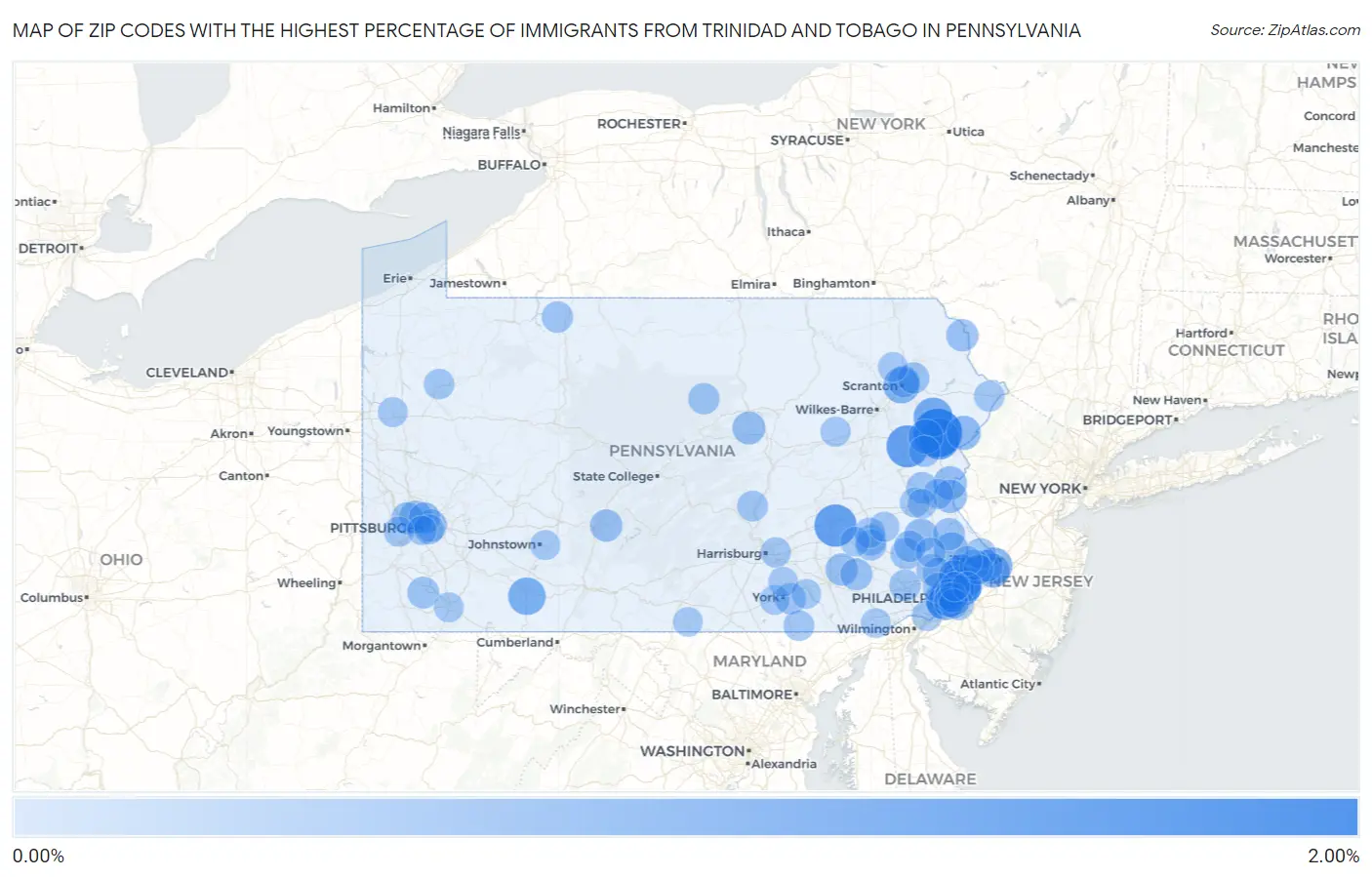 Zip Codes with the Highest Percentage of Immigrants from Trinidad and Tobago in Pennsylvania Map