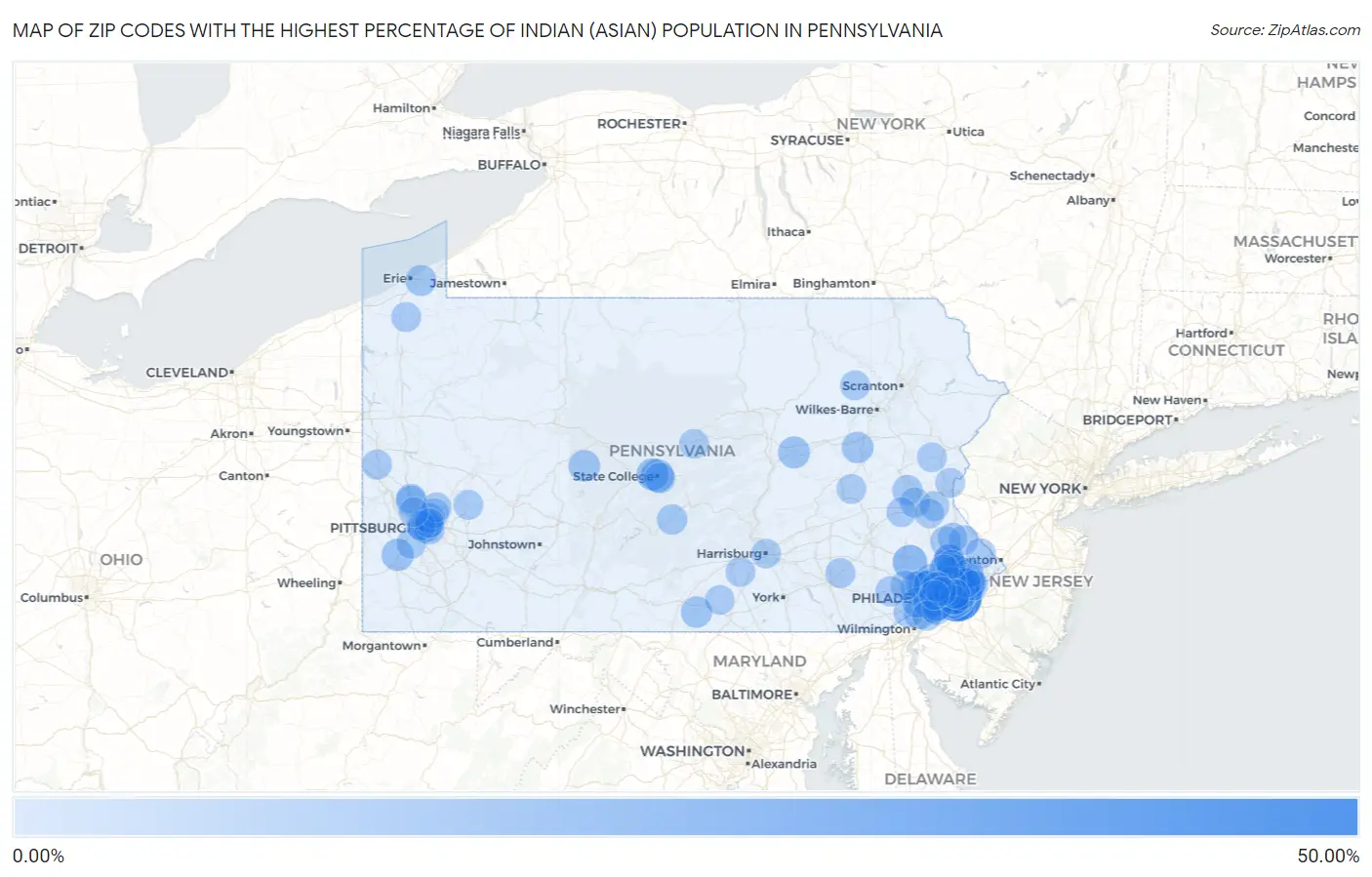Zip Codes with the Highest Percentage of Indian (Asian) Population in Pennsylvania Map