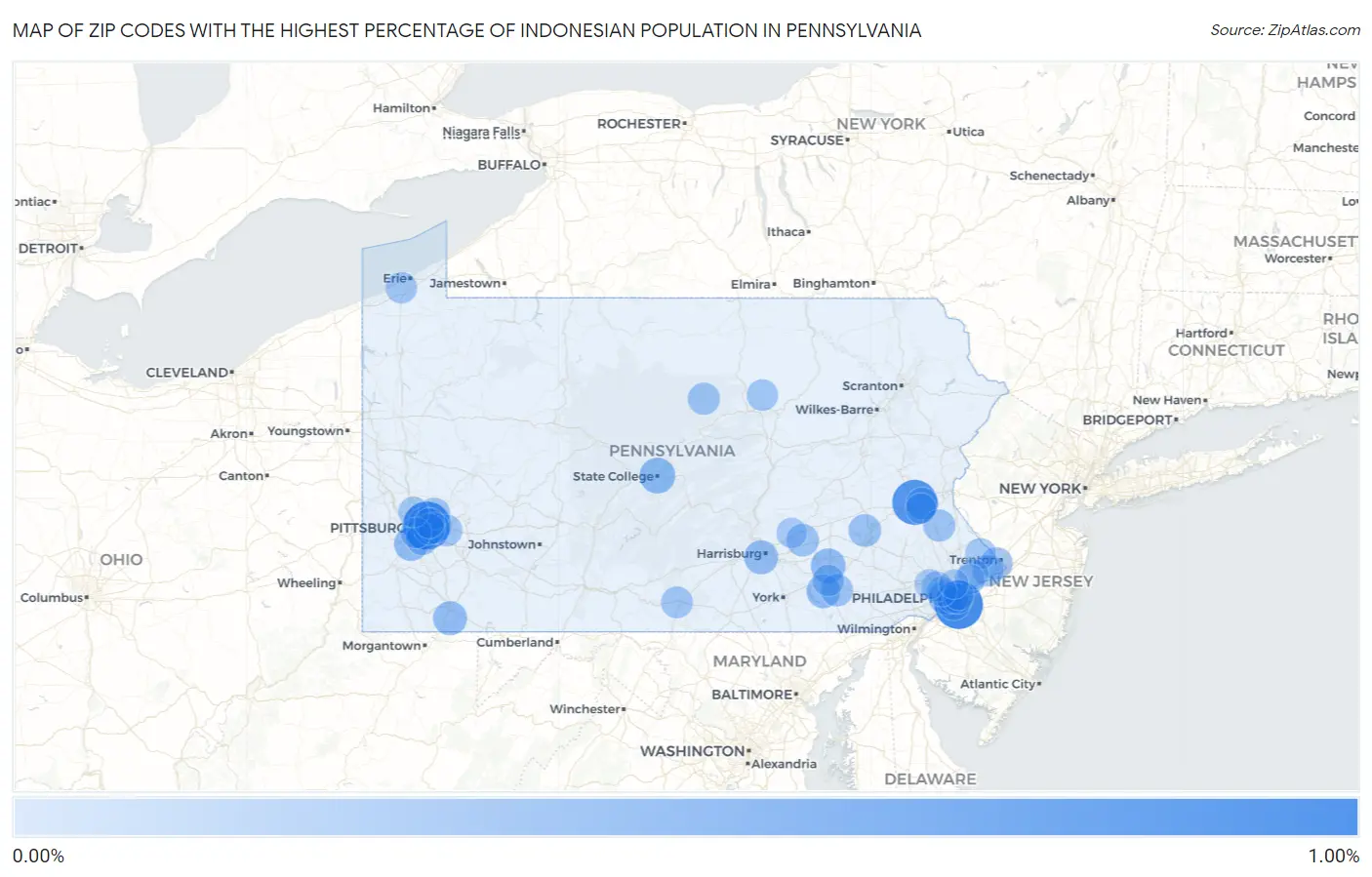 Zip Codes with the Highest Percentage of Indonesian Population in Pennsylvania Map