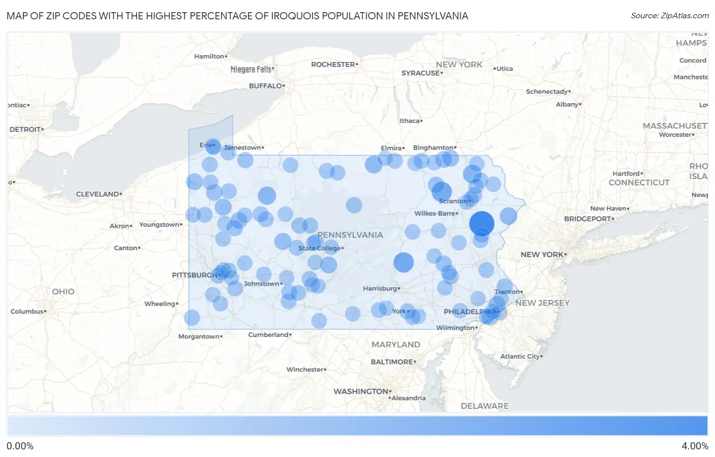 Zip Codes with the Highest Percentage of Iroquois Population in Pennsylvania Map