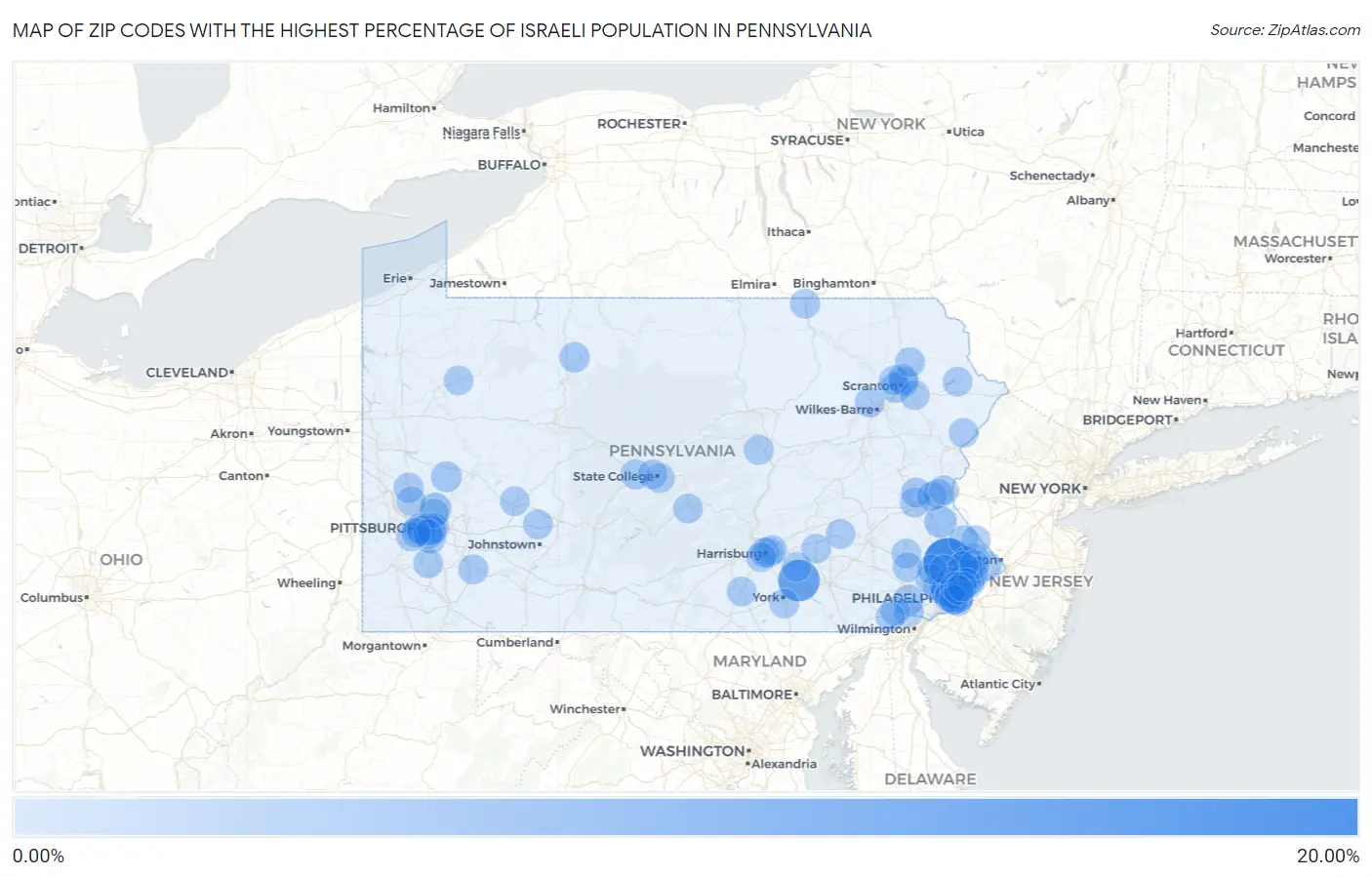 Zip Codes with the Highest Percentage of Israeli Population in Pennsylvania Map