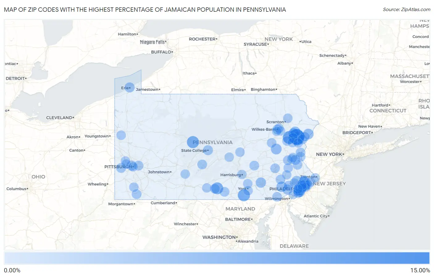 Zip Codes with the Highest Percentage of Jamaican Population in Pennsylvania Map
