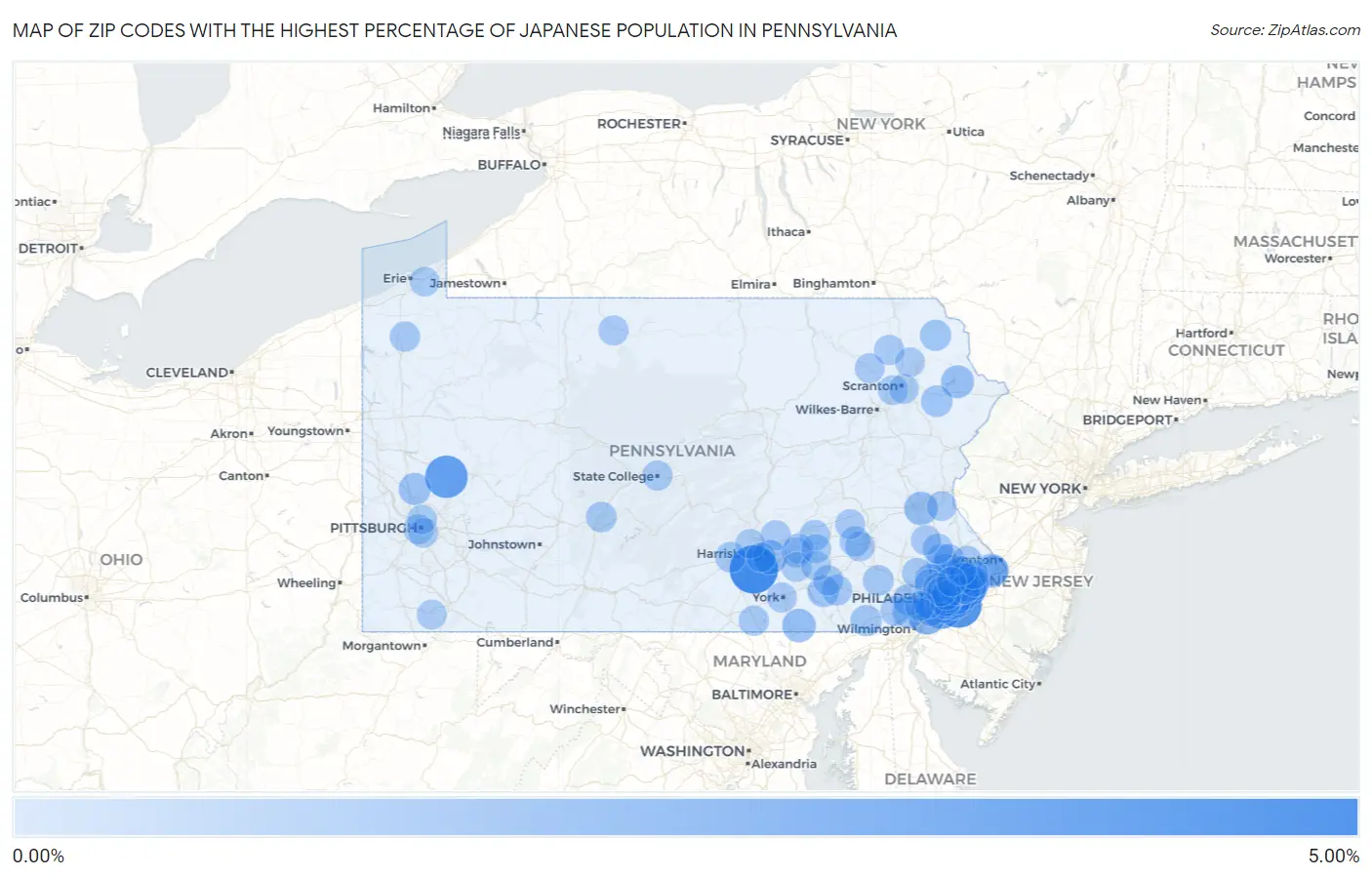 Zip Codes with the Highest Percentage of Japanese Population in Pennsylvania Map