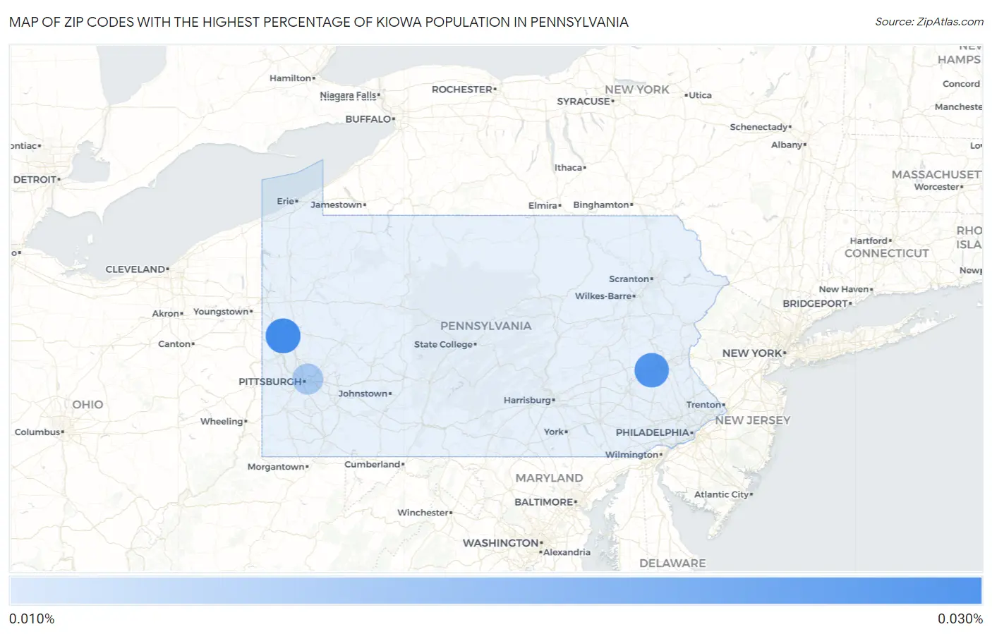 Zip Codes with the Highest Percentage of Kiowa Population in Pennsylvania Map
