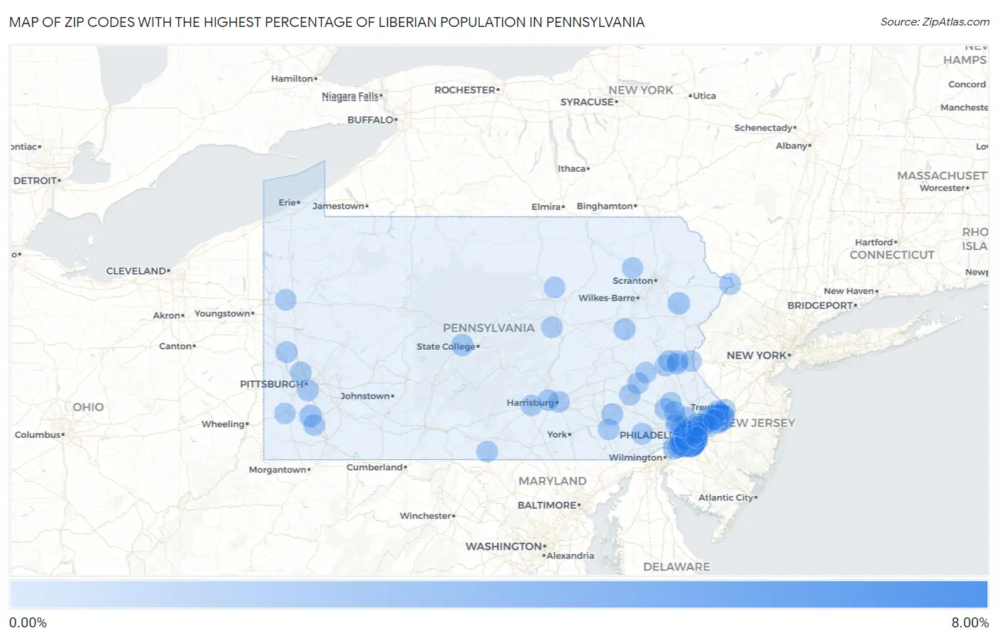 Zip Codes with the Highest Percentage of Liberian Population in Pennsylvania Map