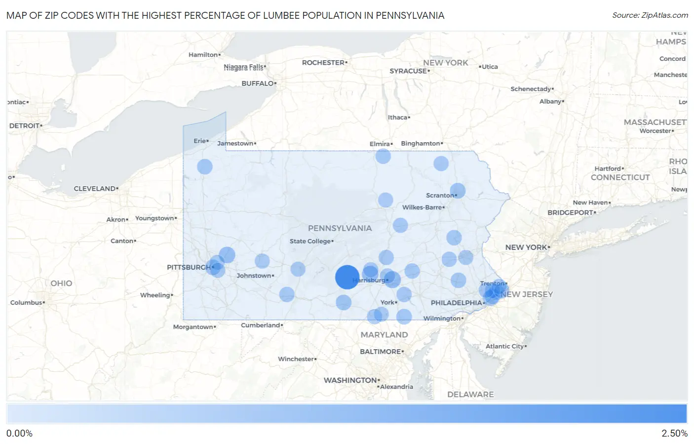 Zip Codes with the Highest Percentage of Lumbee Population in Pennsylvania Map