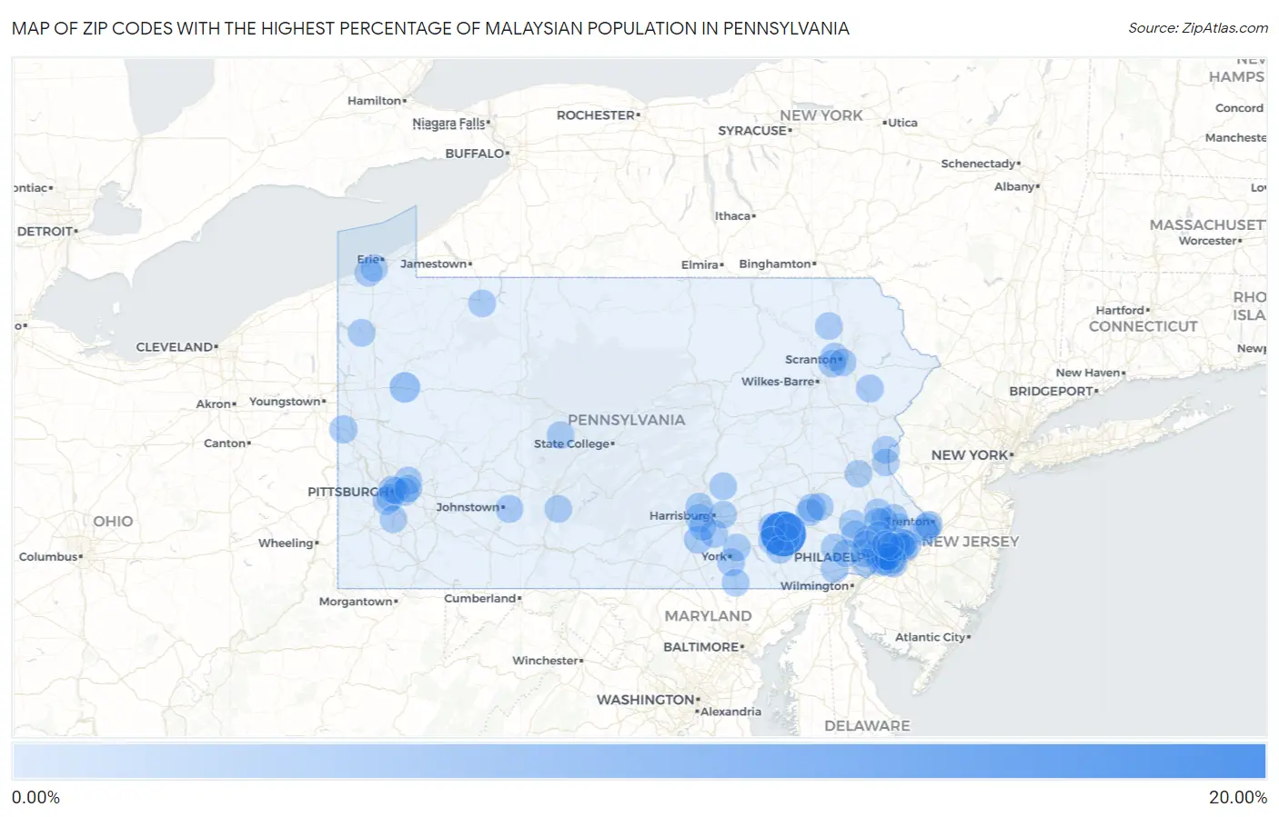 Zip Codes with the Highest Percentage of Malaysian Population in Pennsylvania Map