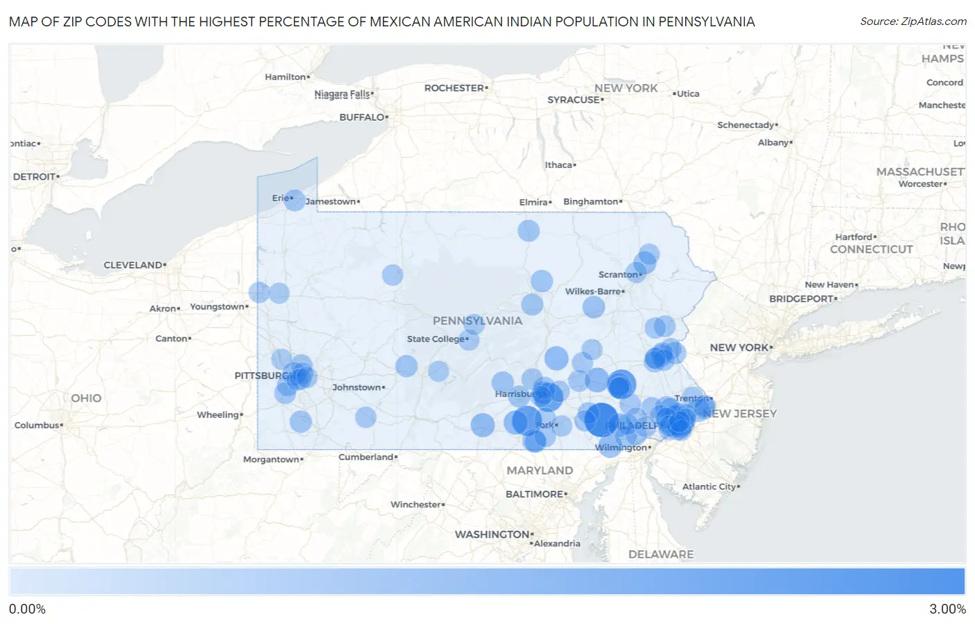Zip Codes with the Highest Percentage of Mexican American Indian Population in Pennsylvania Map