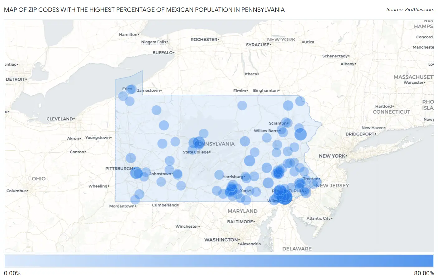 Zip Codes with the Highest Percentage of Mexican Population in Pennsylvania Map